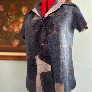 🔷 Vintage Denim Patchwork Short Sleeve Top – Americana Cool Girl Vibes 🔷